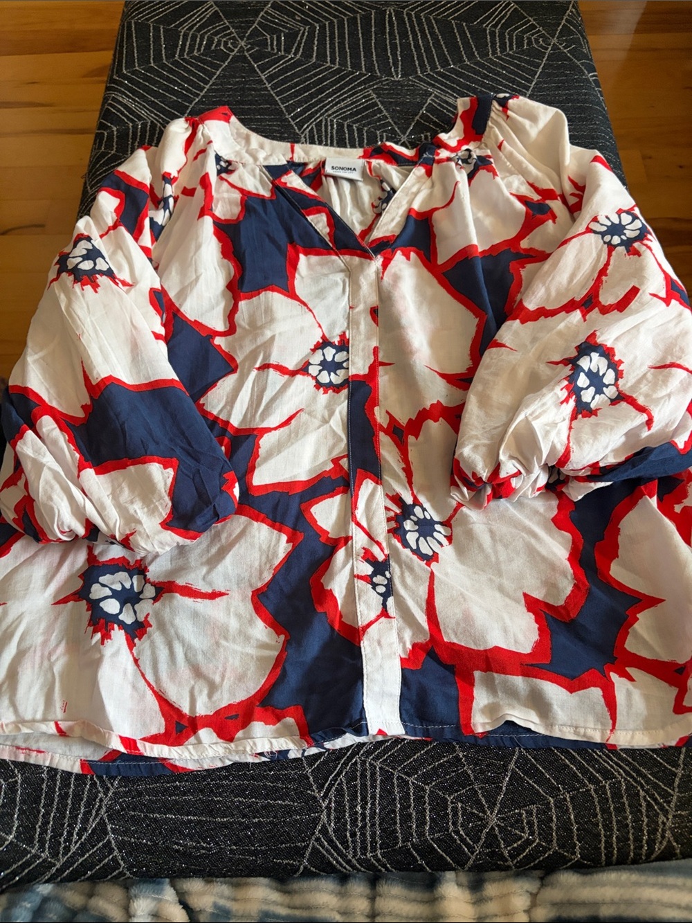Sonoma Floral Button-Front Top - White, Navy & Red